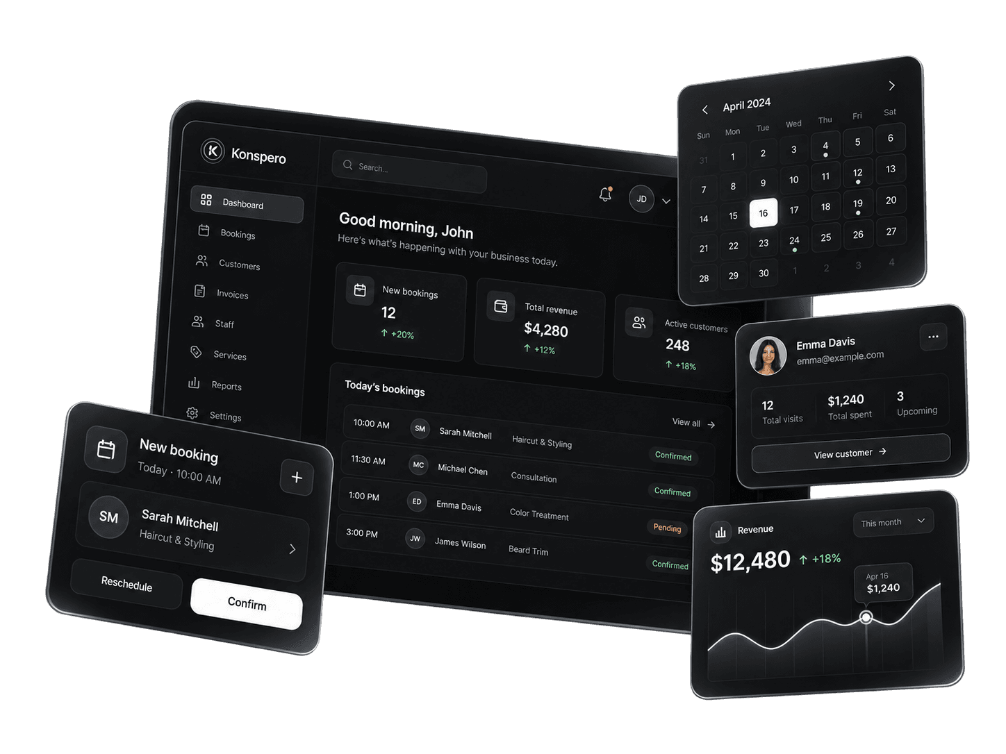 Konspero dashboard showing bookings, customers, calendar and revenue